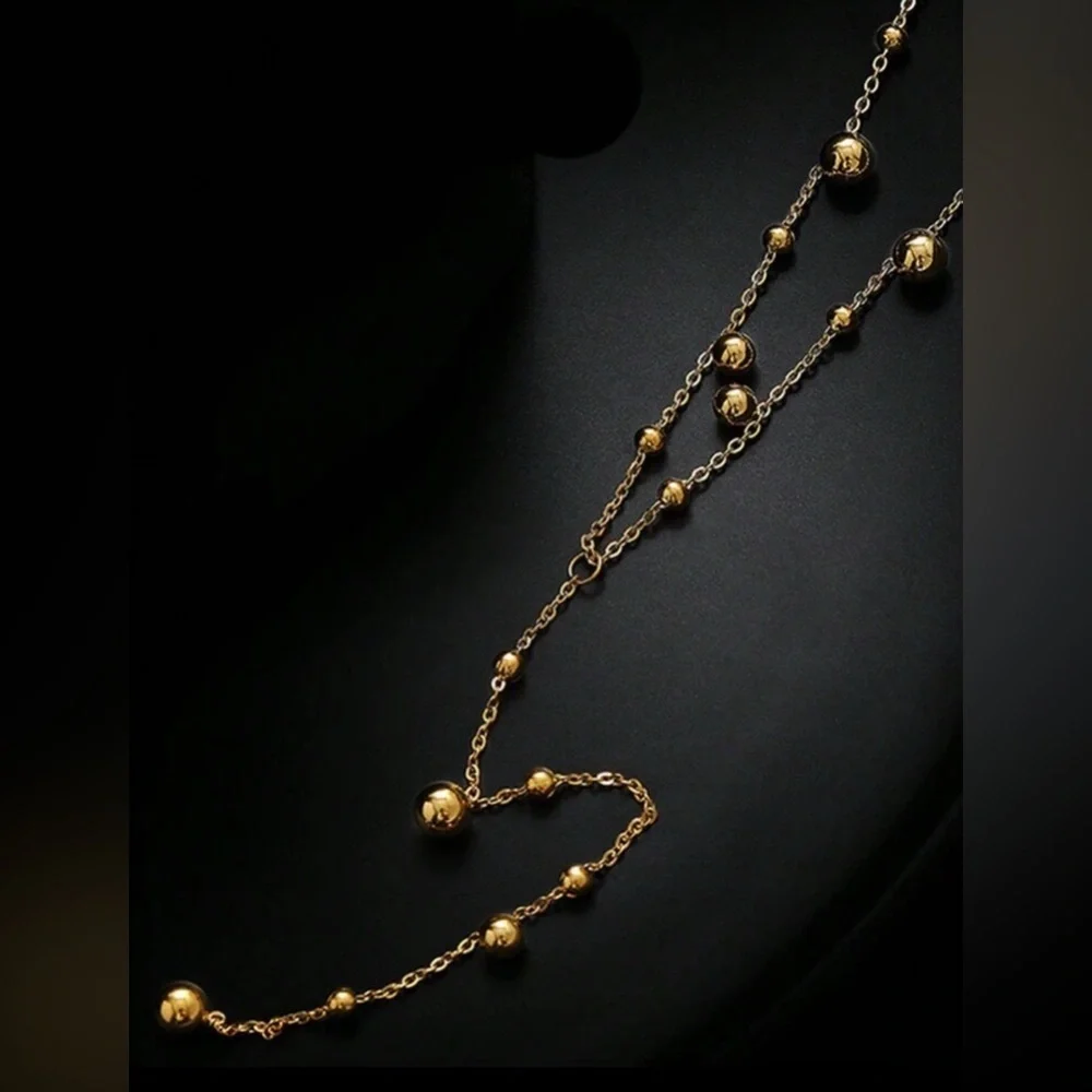 Gold Plated Stainless Steel Beaded Lariat Necklace